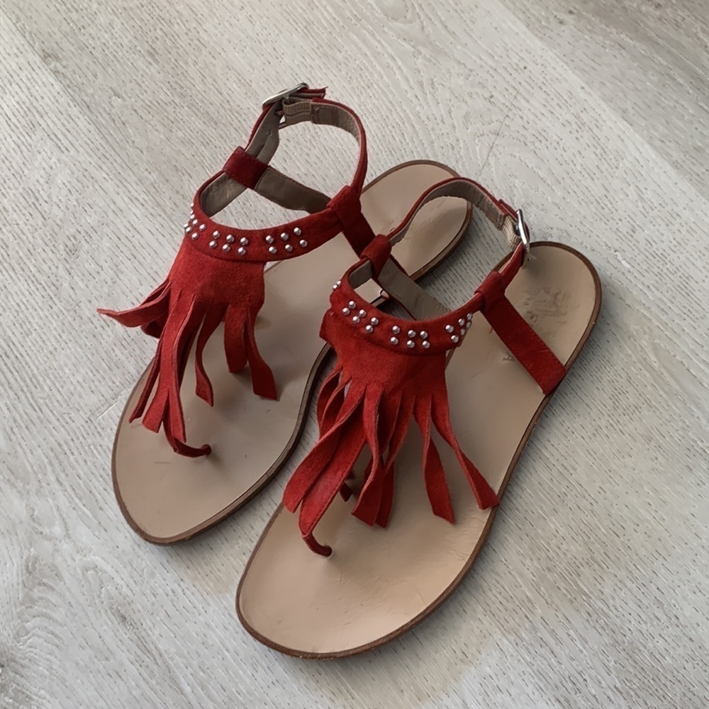 Furla red Fringed studded bohemianโ festive summer vacation travel Sandal